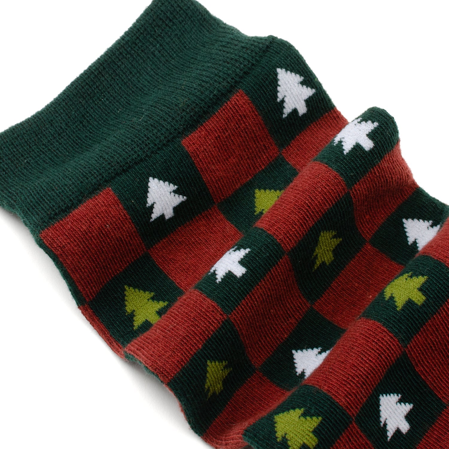 Pair of socks with a checkered pattern featuring trees on a white background