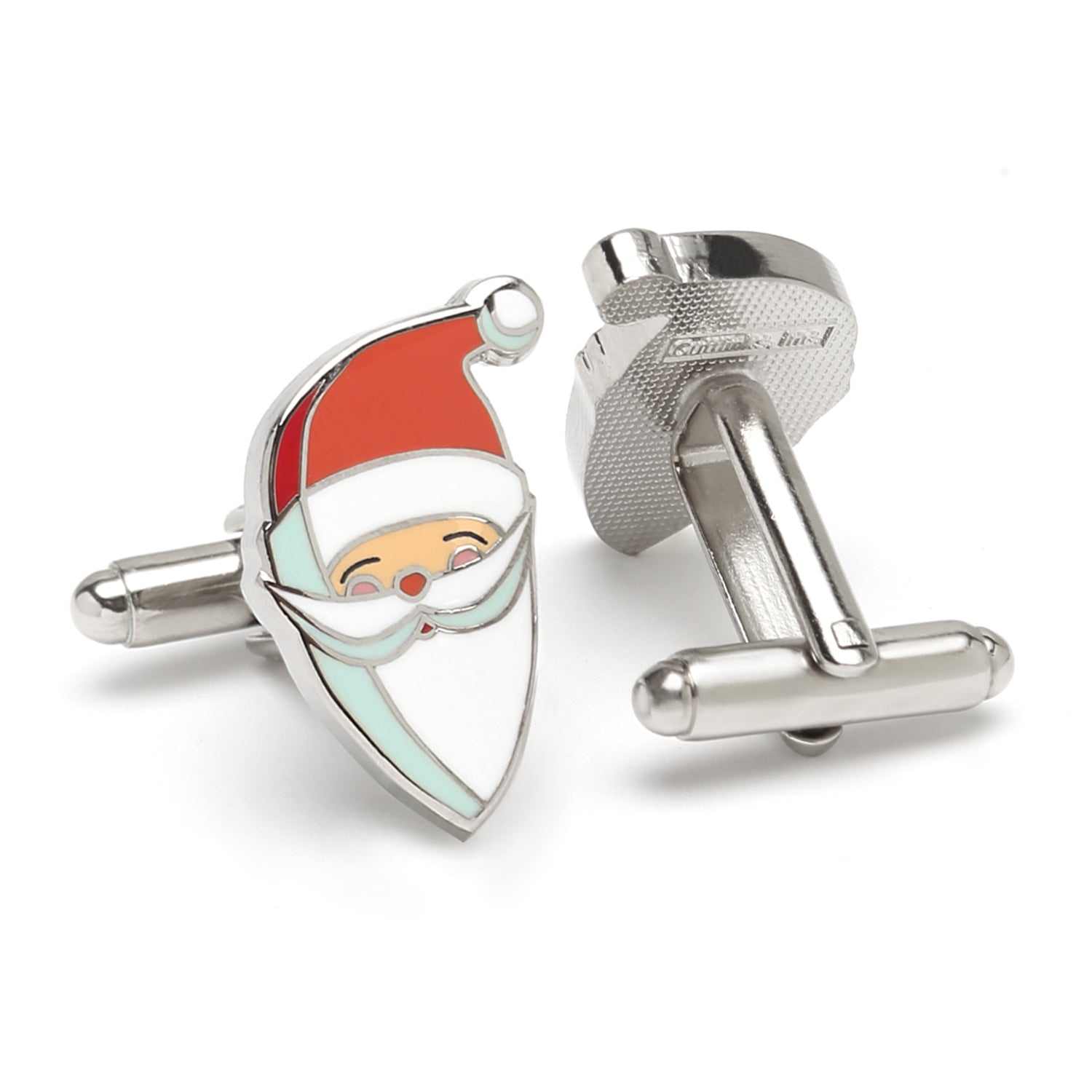 Cufflinks with a design of a face wearing a Santa hat on a white background
