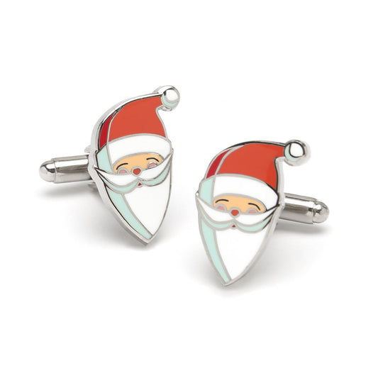 Santa Claus-themed cufflinks on a white background