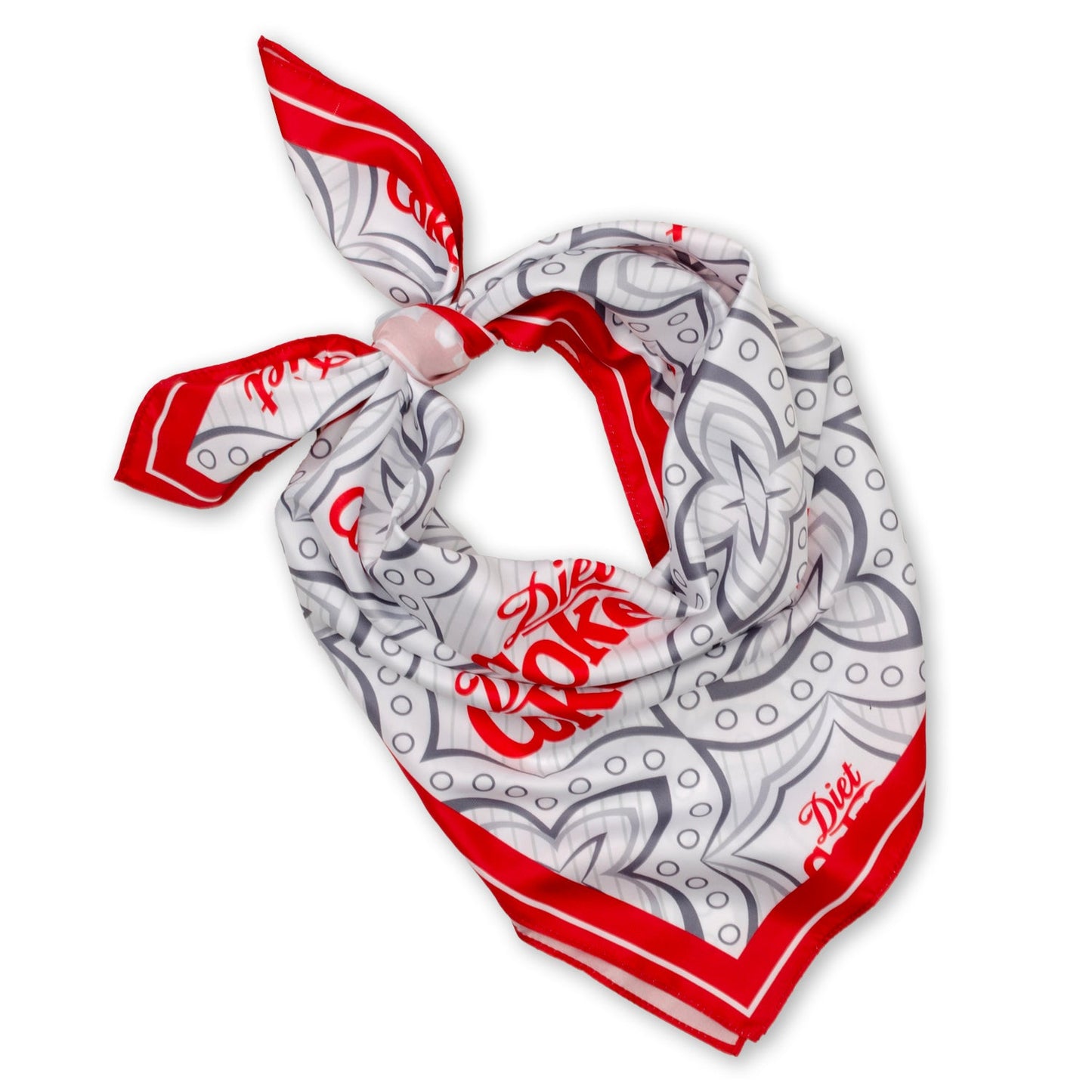 Diet Coke satin grey scarf with red logo border