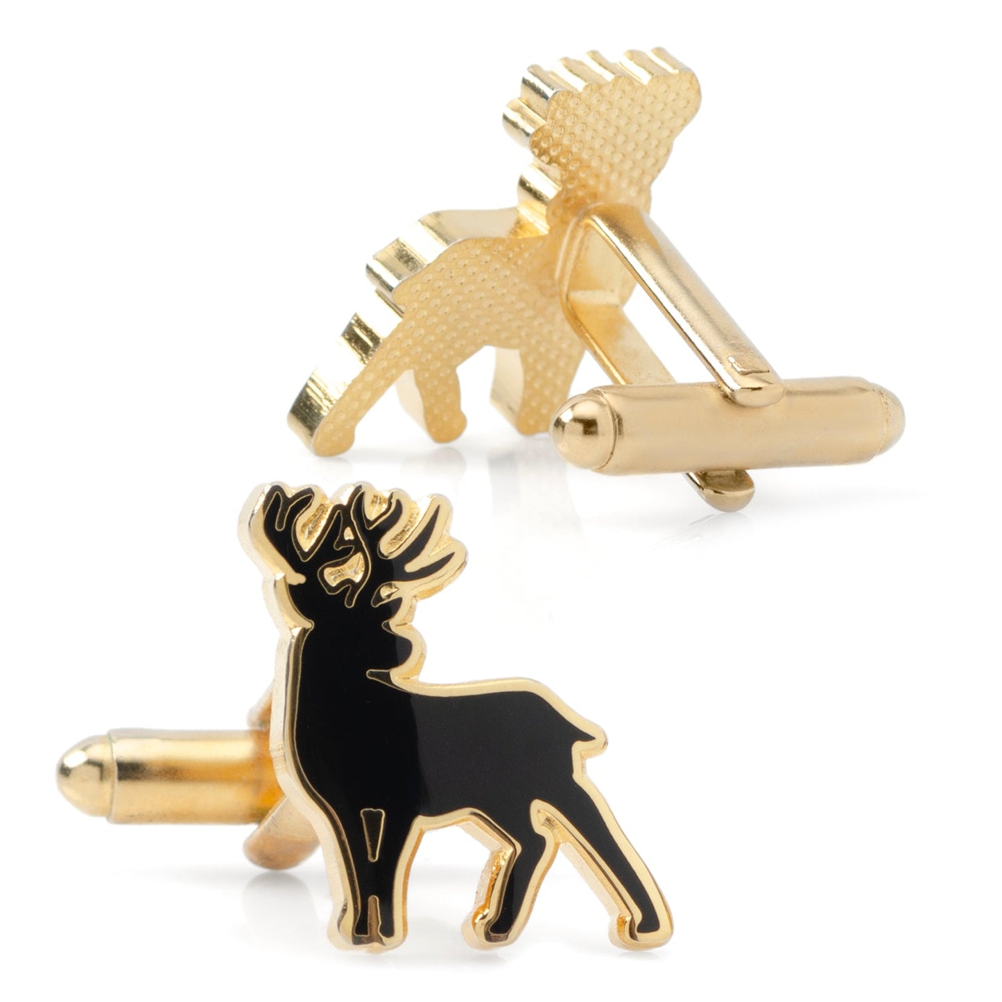 Gold and black deer-shaped cufflinks on a white background