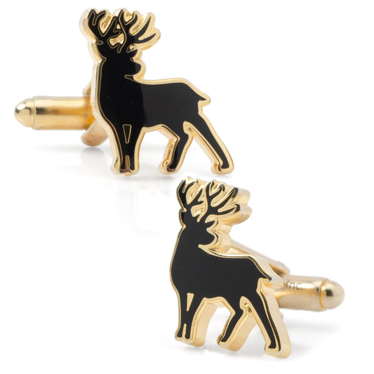Black deer-shaped cufflinks with gold borders on a white background