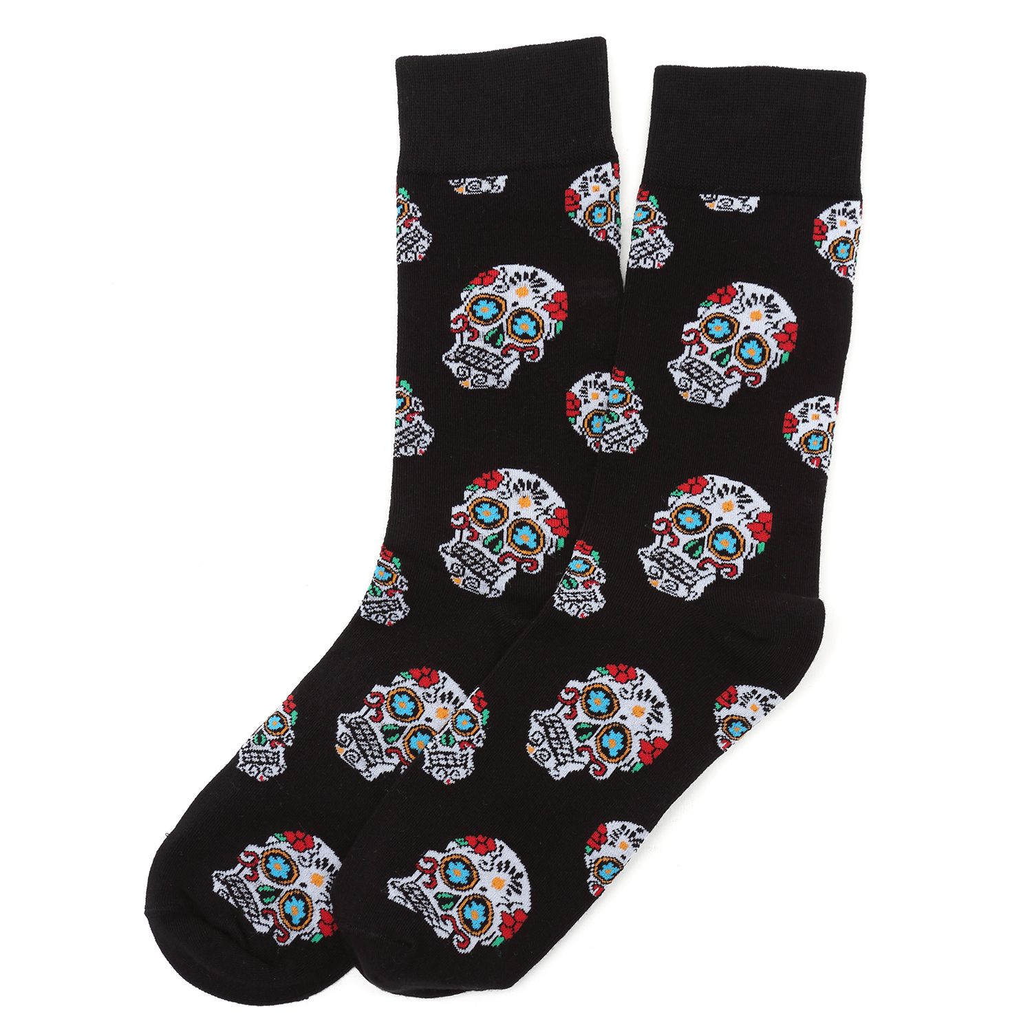 Black socks with colorful sugar skull pattern on a white background