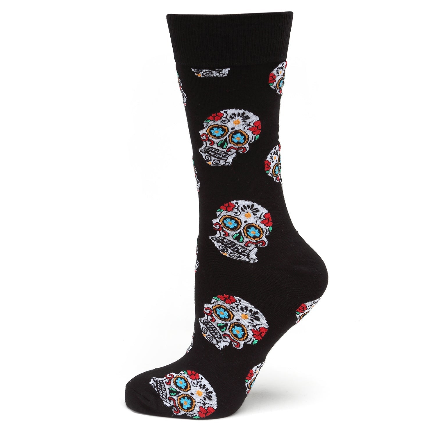 Black sock with colorful skull patterns on a white background