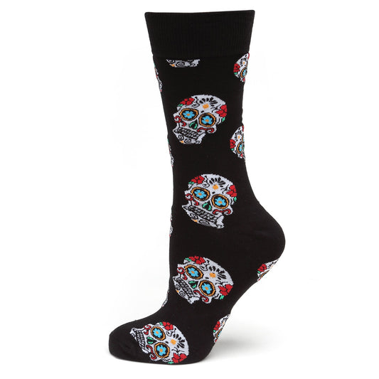 Black sock with colorful skull patterns on a white background