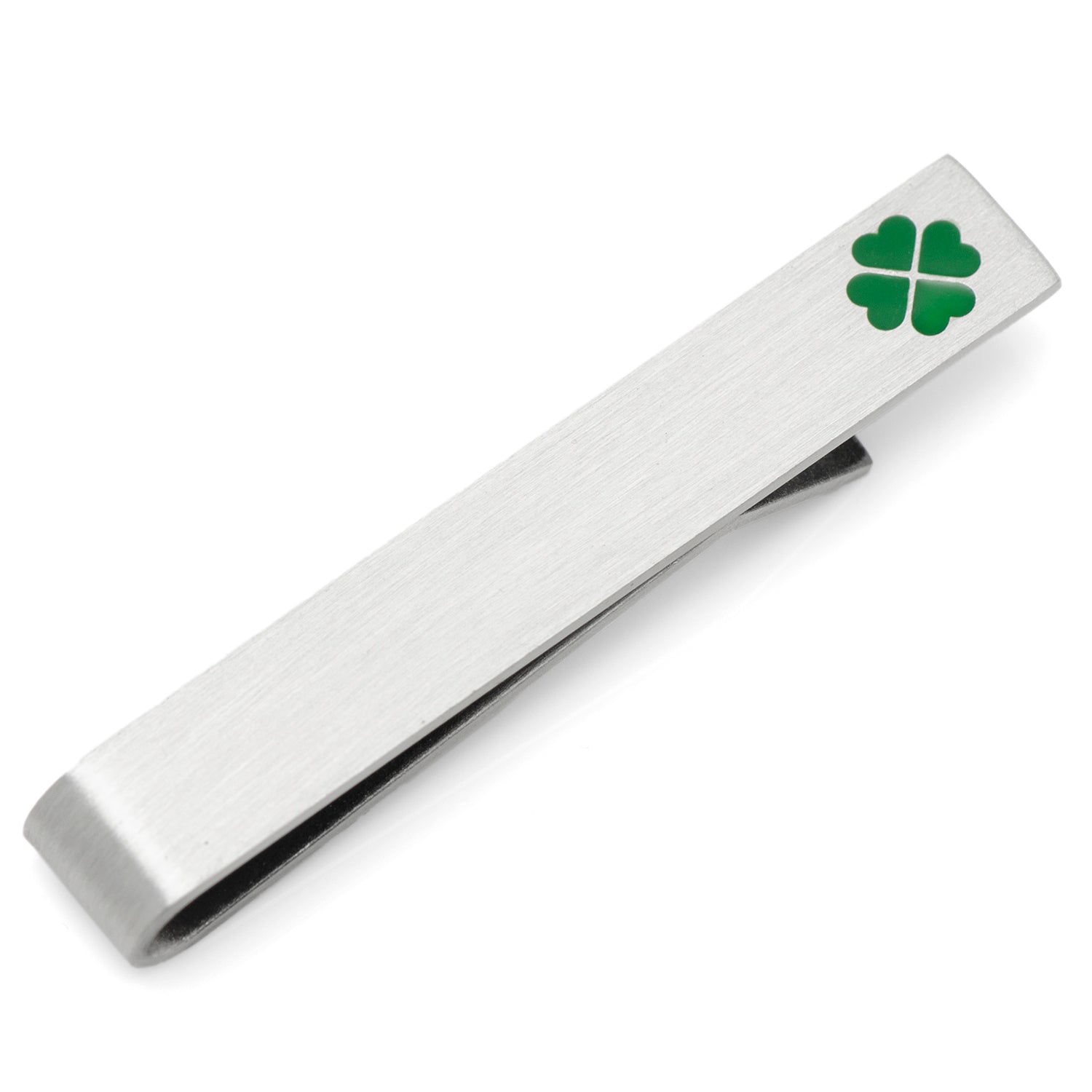 Silver tie clip with a green four-leaf clover on a white background
