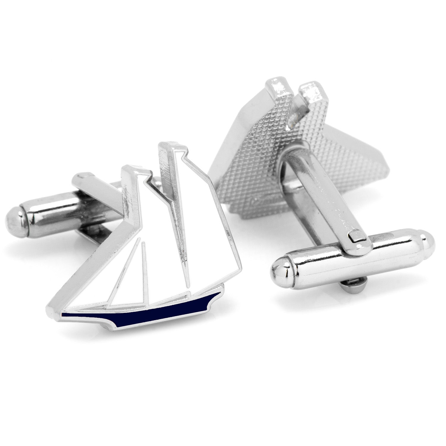 Sailboat-shaped cufflinks on a white background