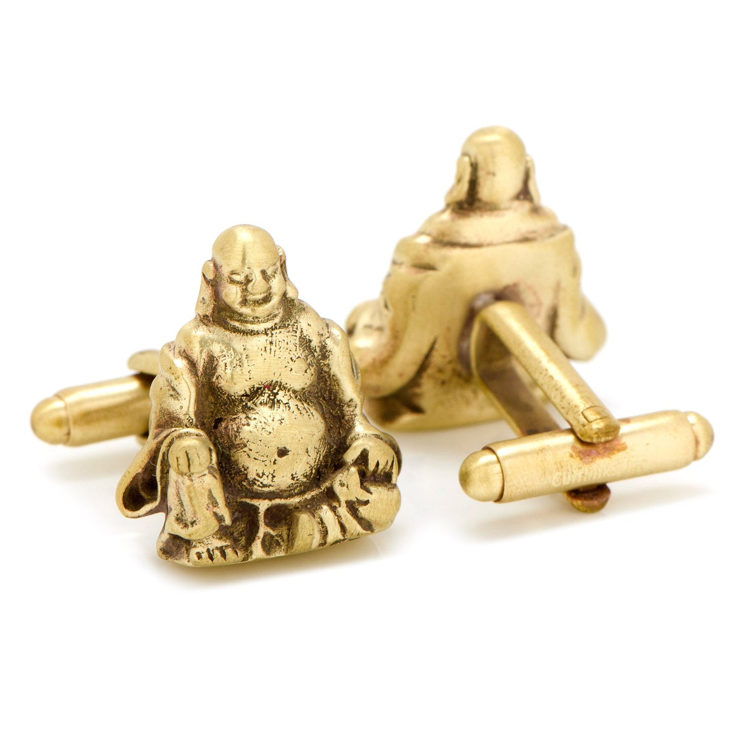 Gold Buddha-shaped cufflinks on a white background