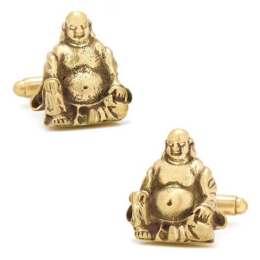Gold Buddha-shaped cufflinks on a white background