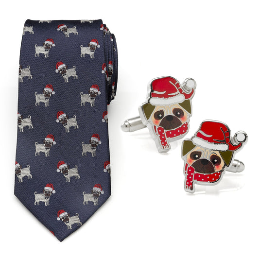 Navy tie with pug pattern and matching cufflinks on a white background