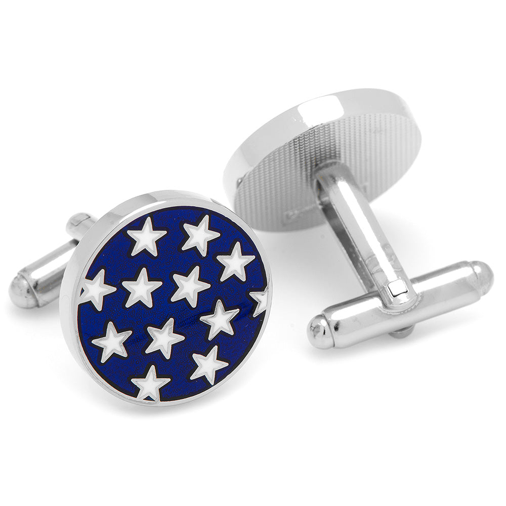 Cufflinks with blue background and white stars on a white background