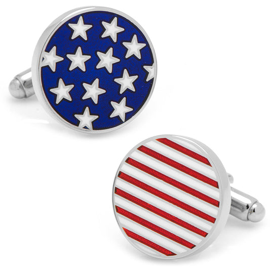 Two round cufflinks with American flag design on a white background