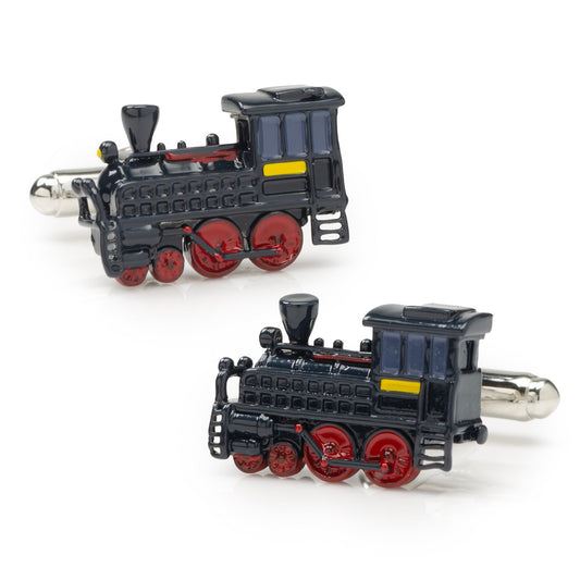 Train-shaped cufflinks on a white background