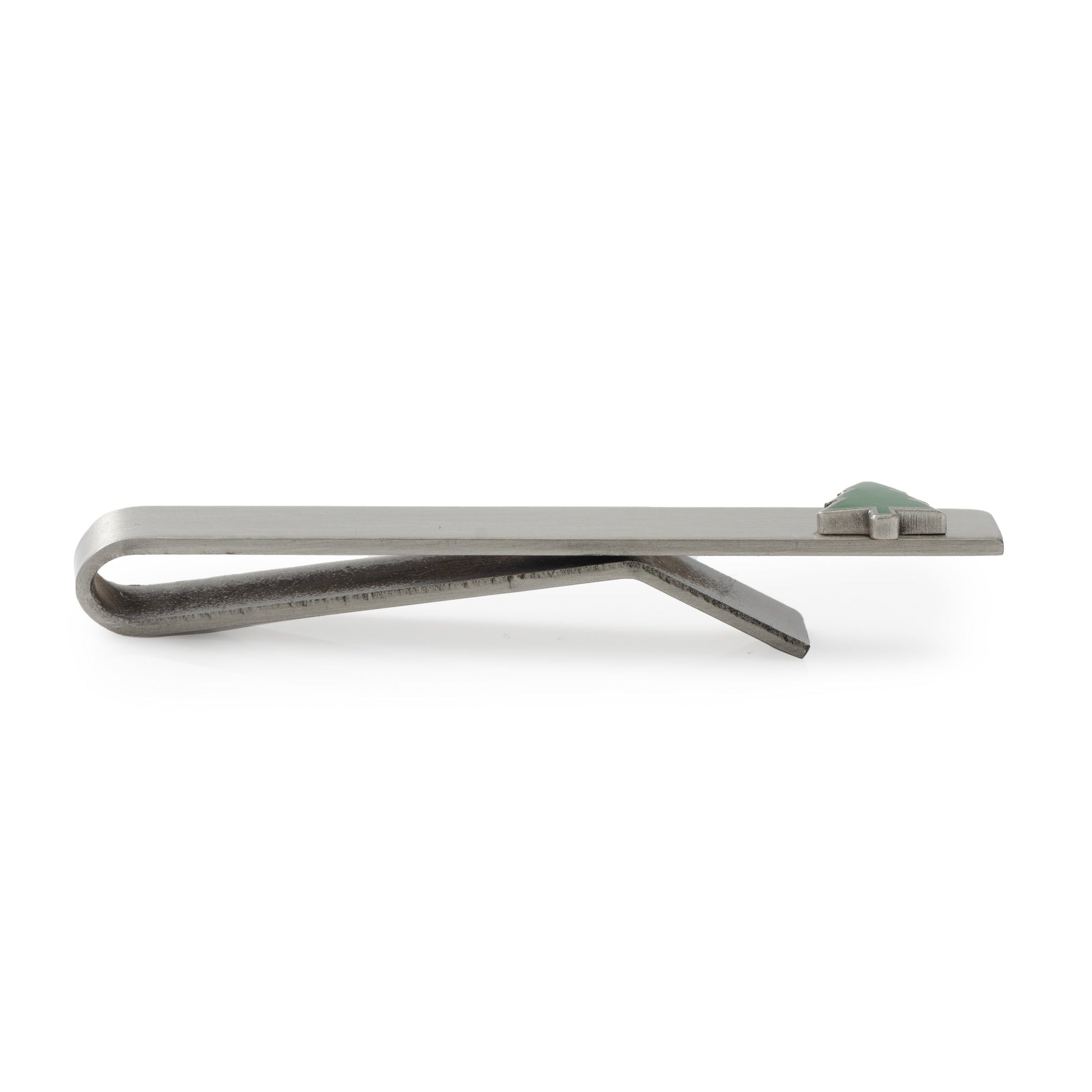 Silver tie clip with green gemstone on a white background