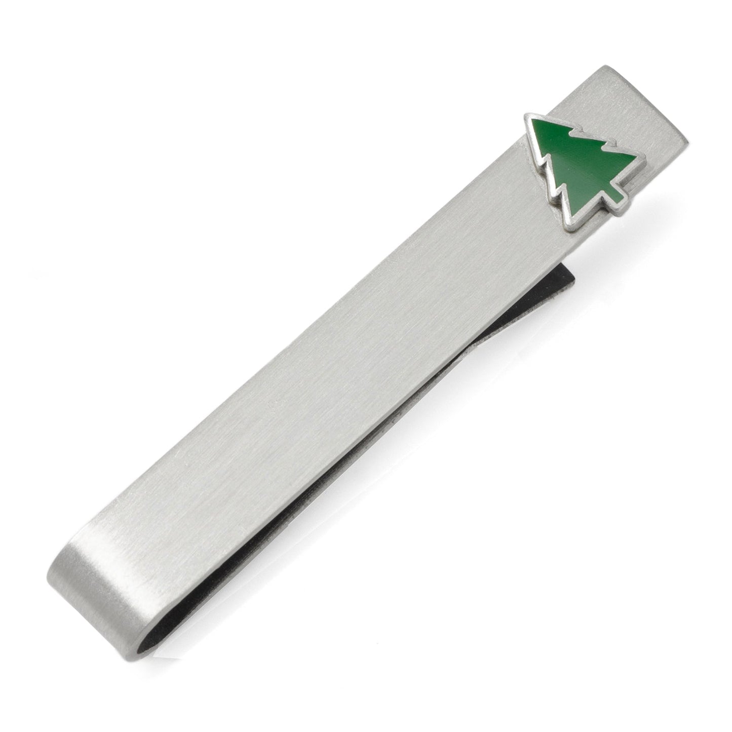 Silver tie clip with a green Christmas tree design on a white background