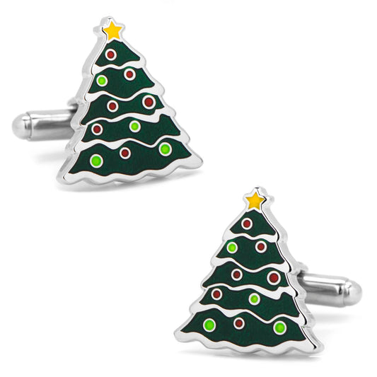 Christmas tree cufflinks with green, red, and silver design on a white background