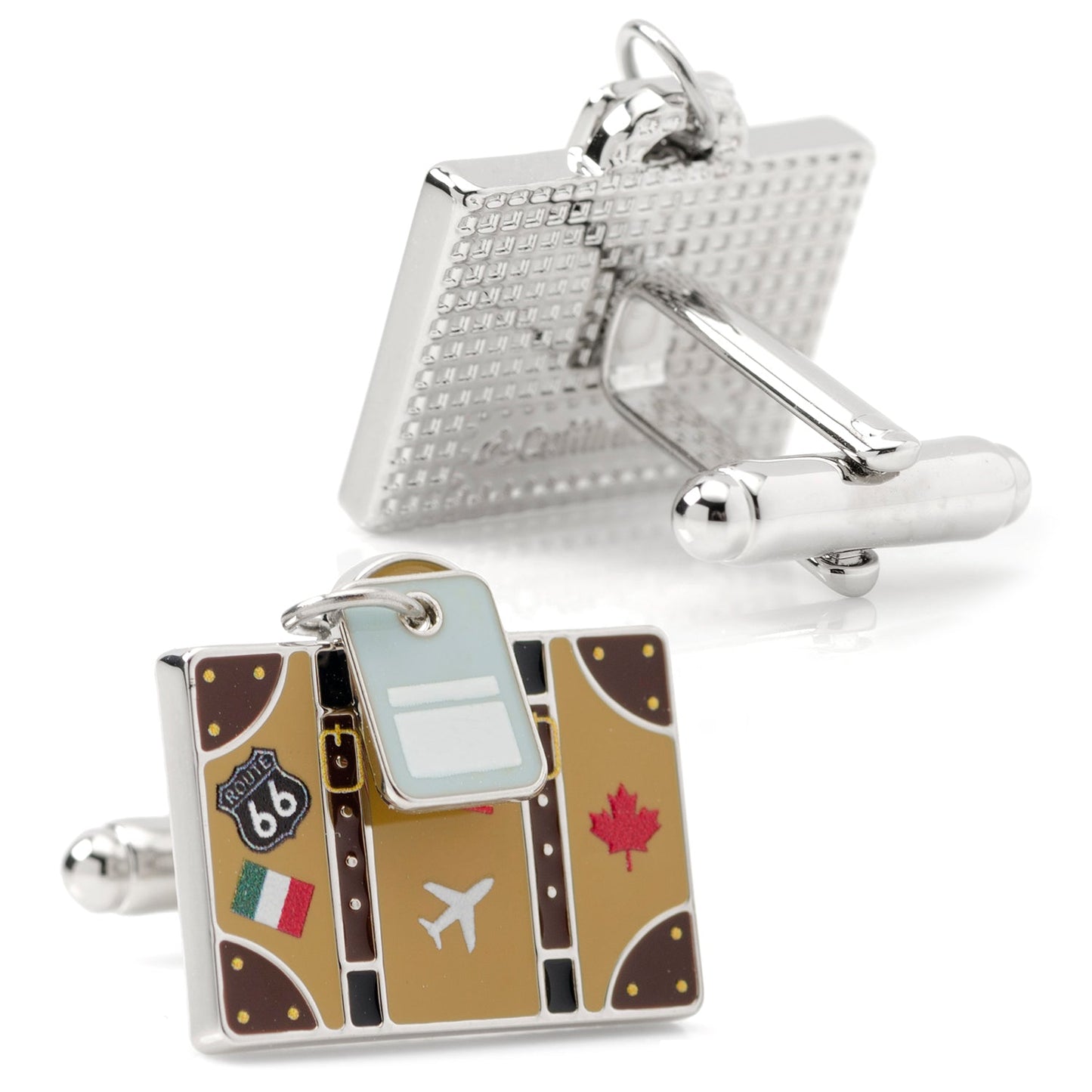 Cufflinks with travel-themed design on a white background