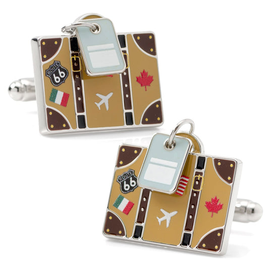 Cufflinks designed like a suitcase with travel-themed elements on a white background