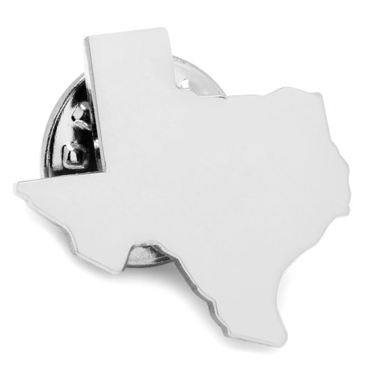 Silver Texas-shaped lapel pin a white background