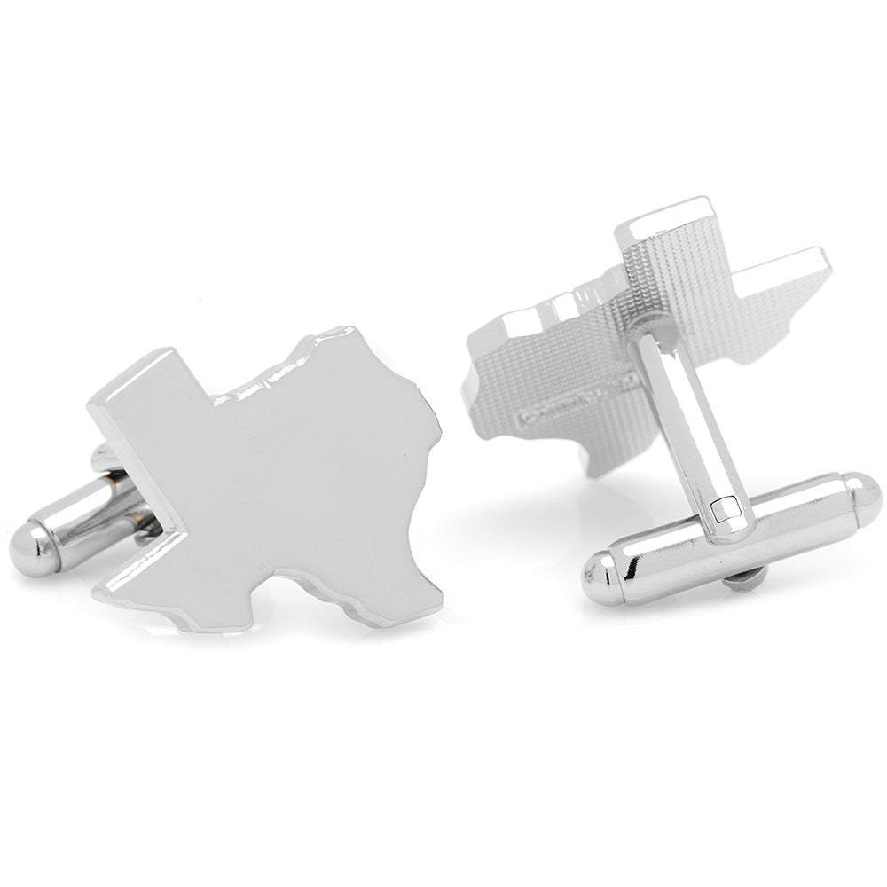 Silver geometric cufflinks on a white background