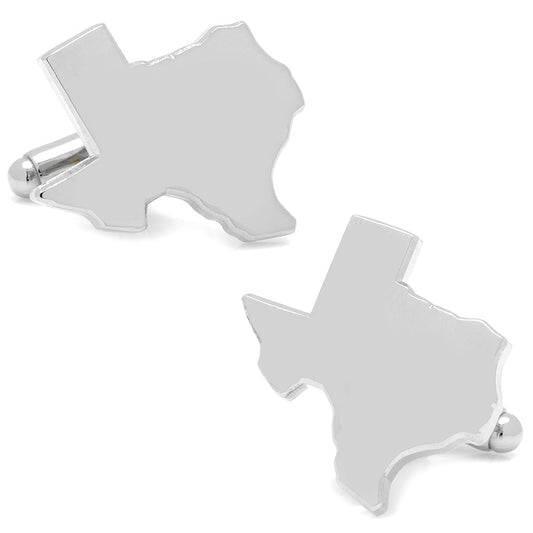 Silver Texas-shaped cufflinks on a white background