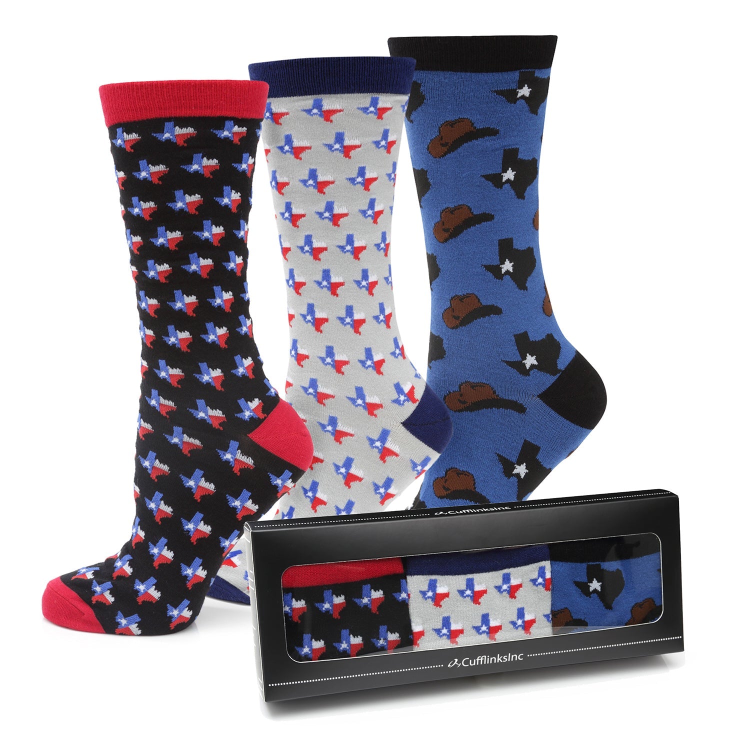 Three pairs of patterned socks with a black gift box displaying additional sock designs.
