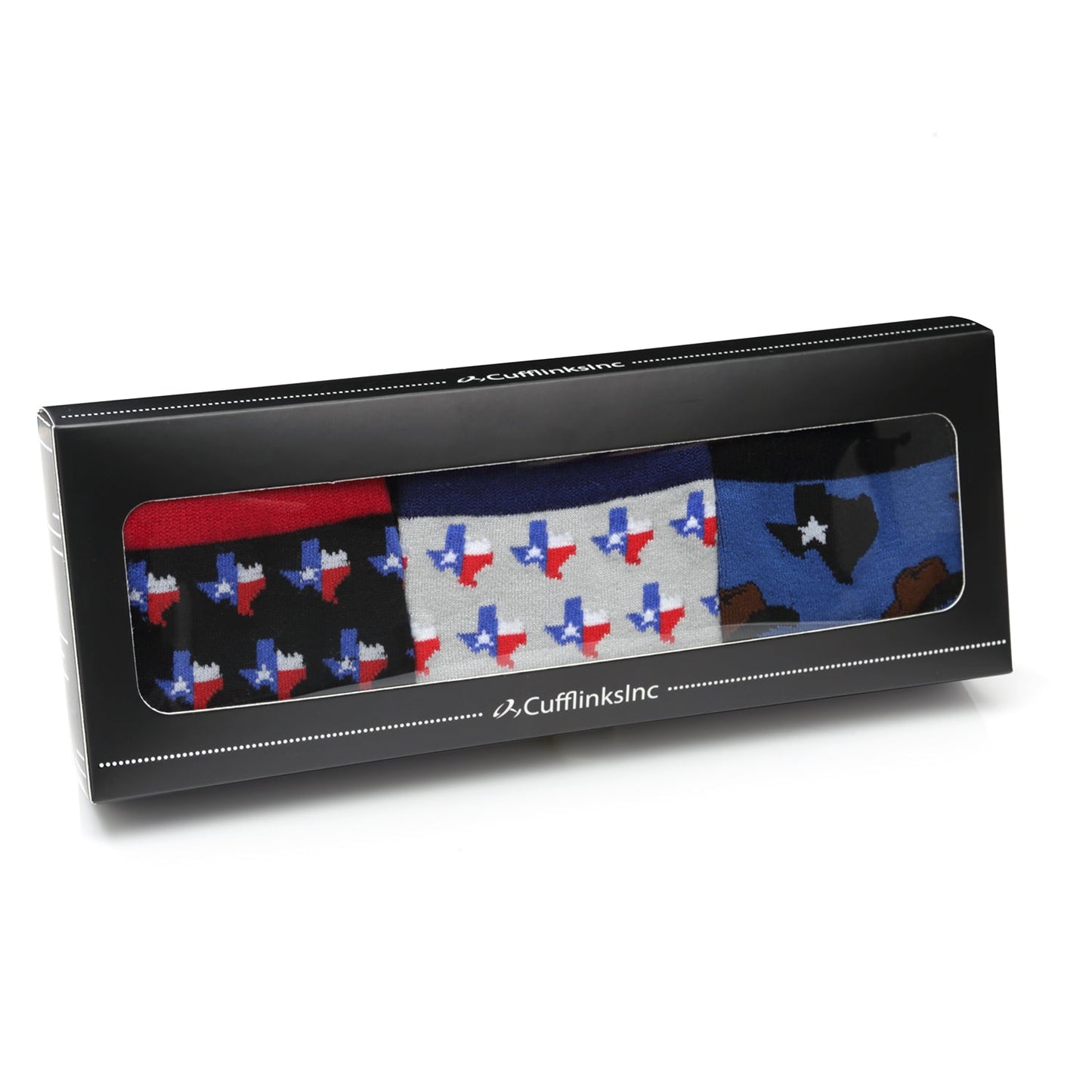 Box of Cufflinks Inc. with three pairs of socks featuring Texas flag designs.