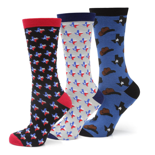 Three pairs of socks with Texas and cowboy hat patterns on a white background