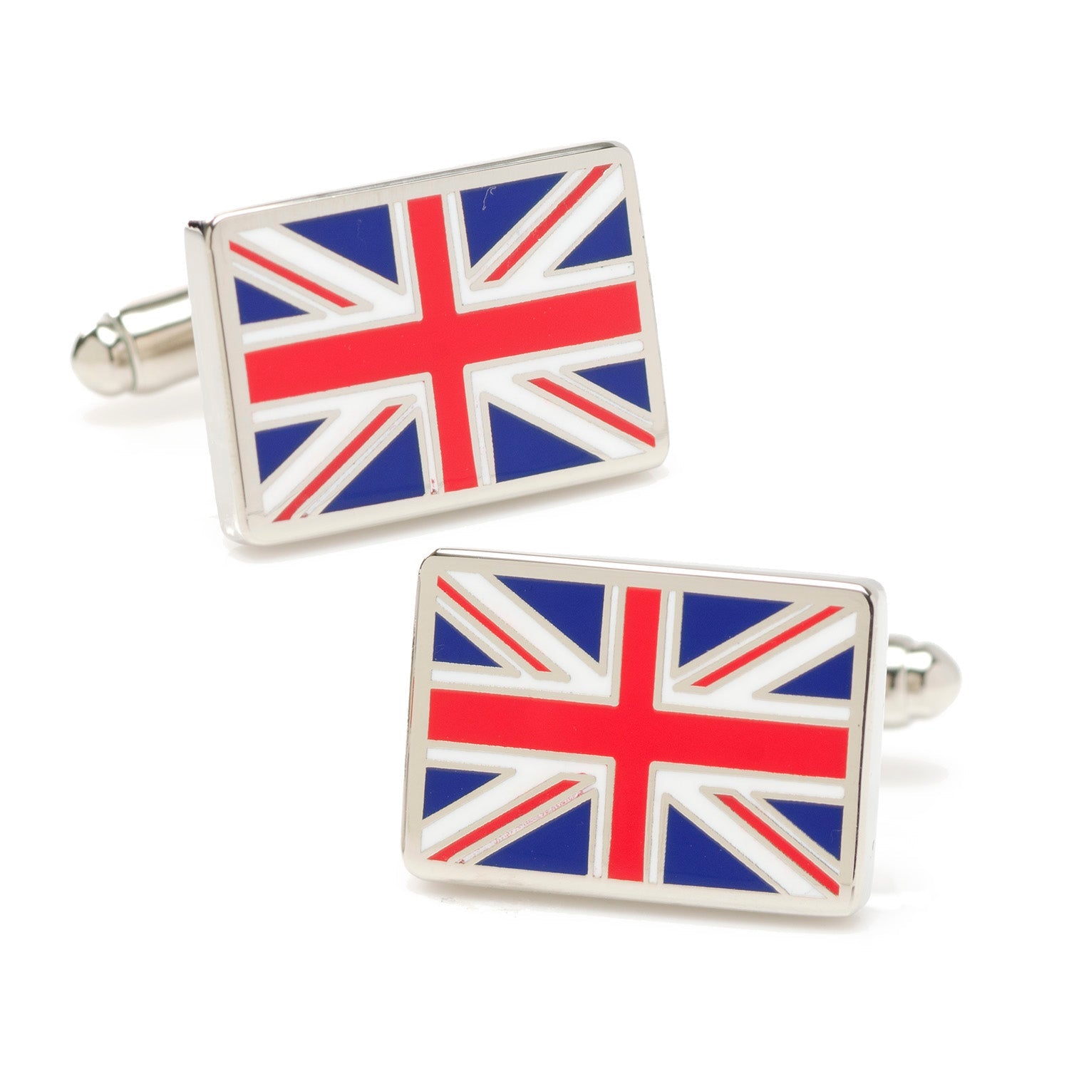 Pair of Union Jack cufflinks on a white background