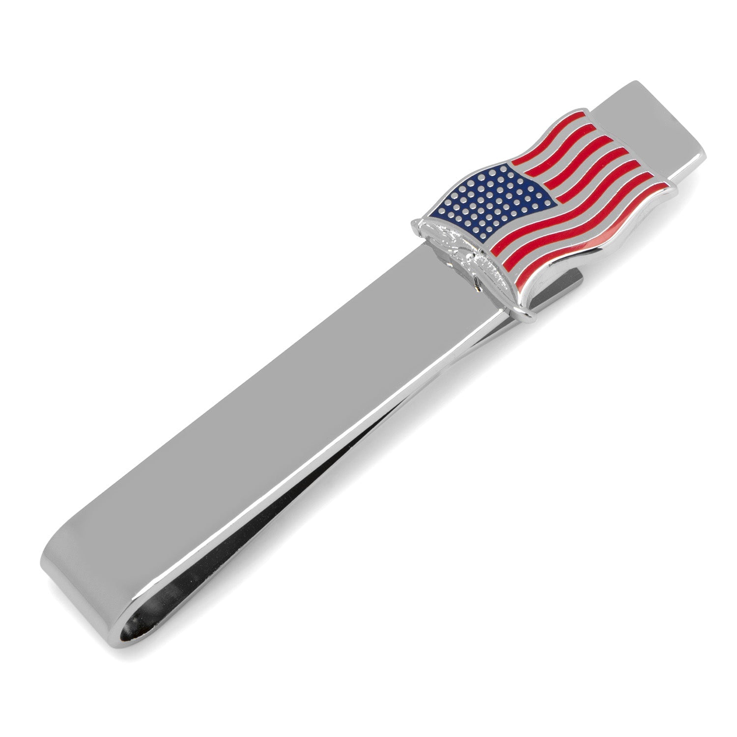 Silver tie clip with American flag design on a white background