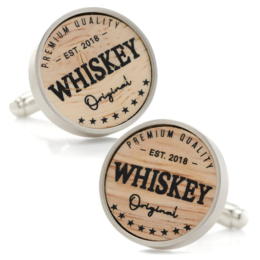 Wooden whiskey-themed cufflinks with silver accents on a white background