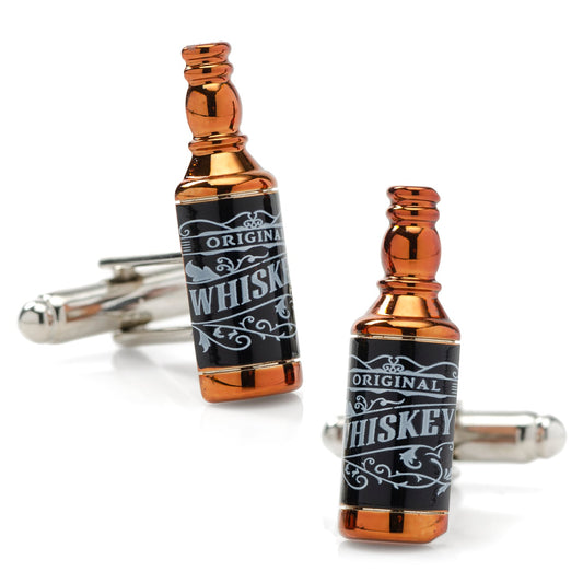 Whiskey bottle cufflinks on a white background