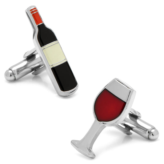 Wine bottle and glass cufflinks on a white background