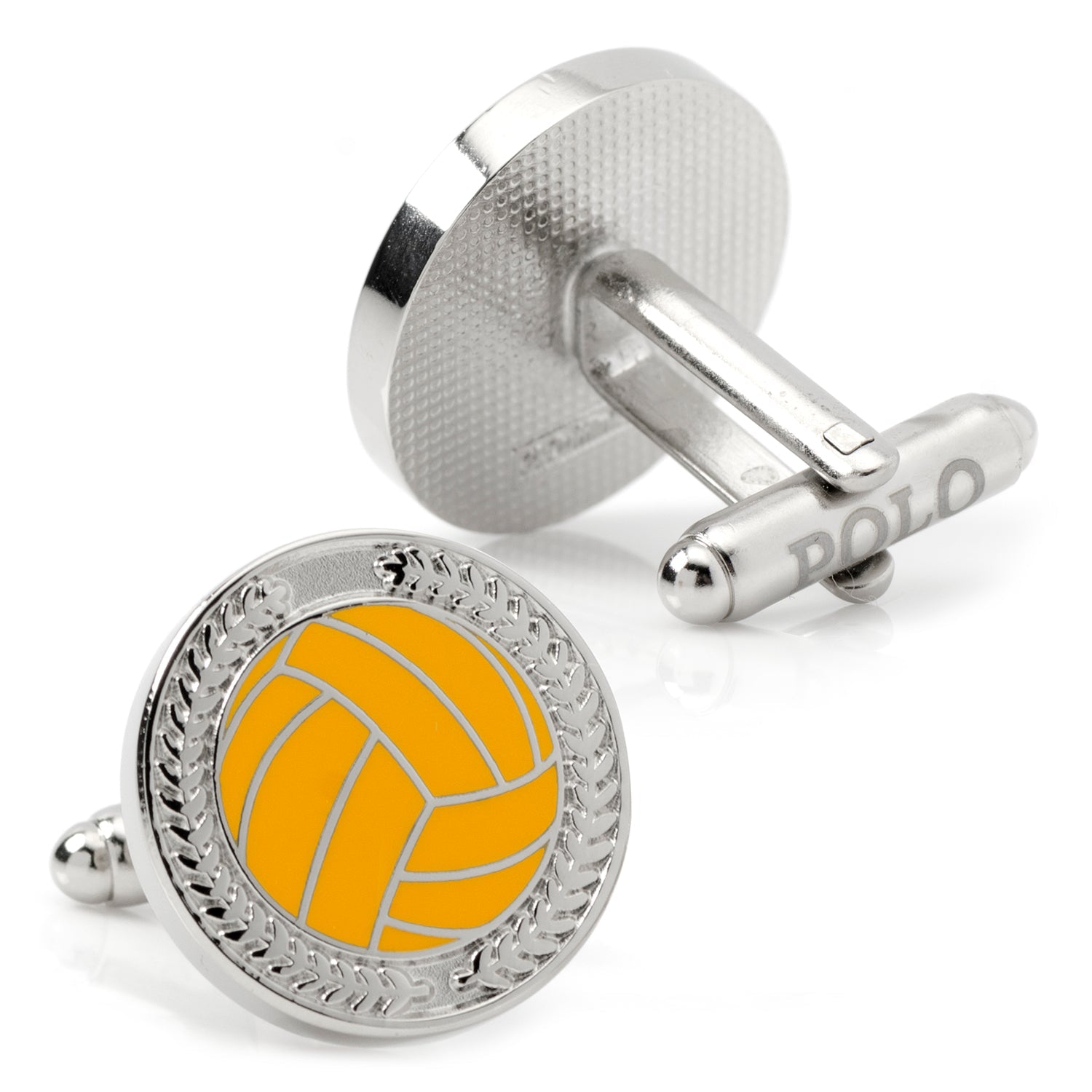 Silver cufflinks with a yellow Water Polo Embossed Cufflinks design on a white background