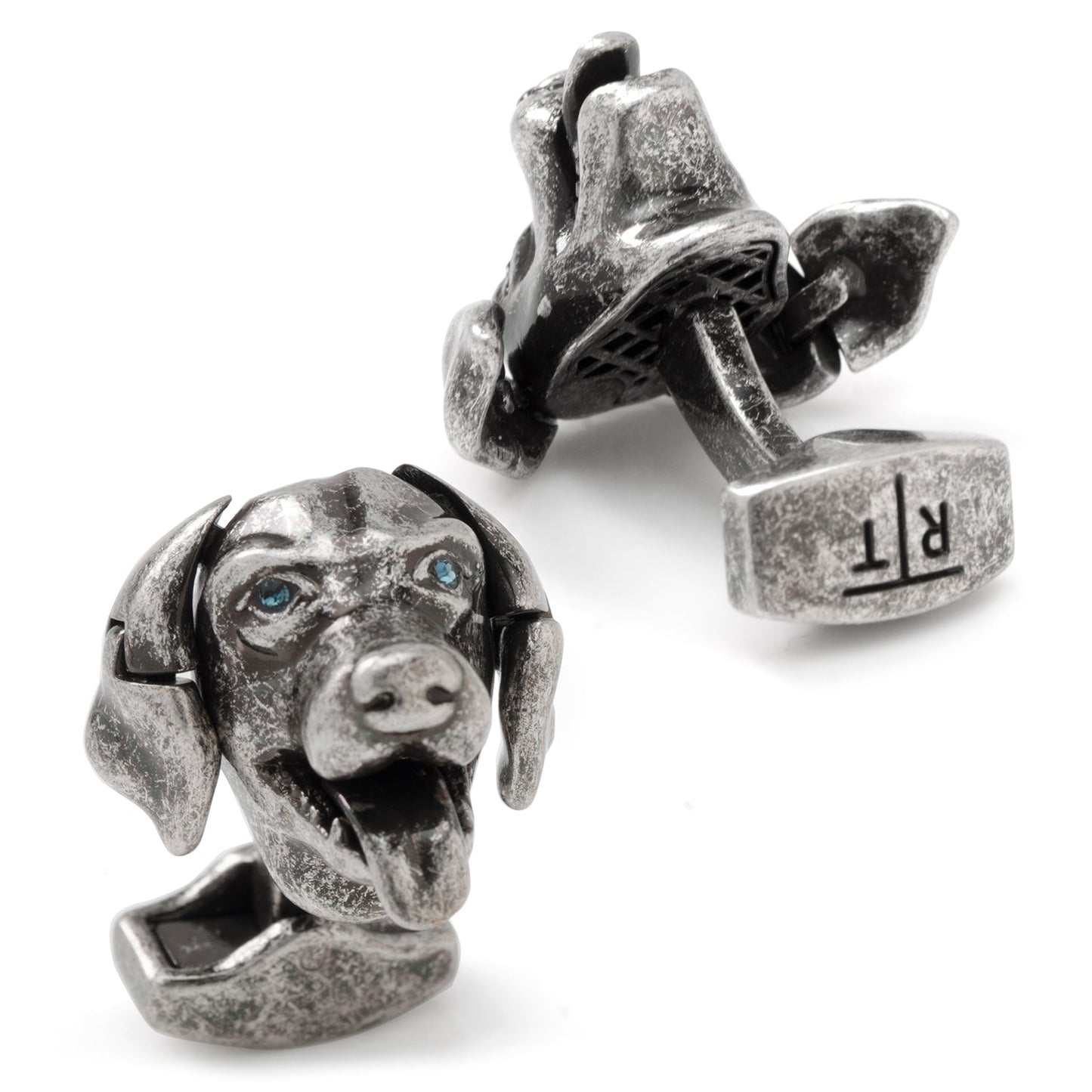 Silver dog-shaped cufflinks on a white background