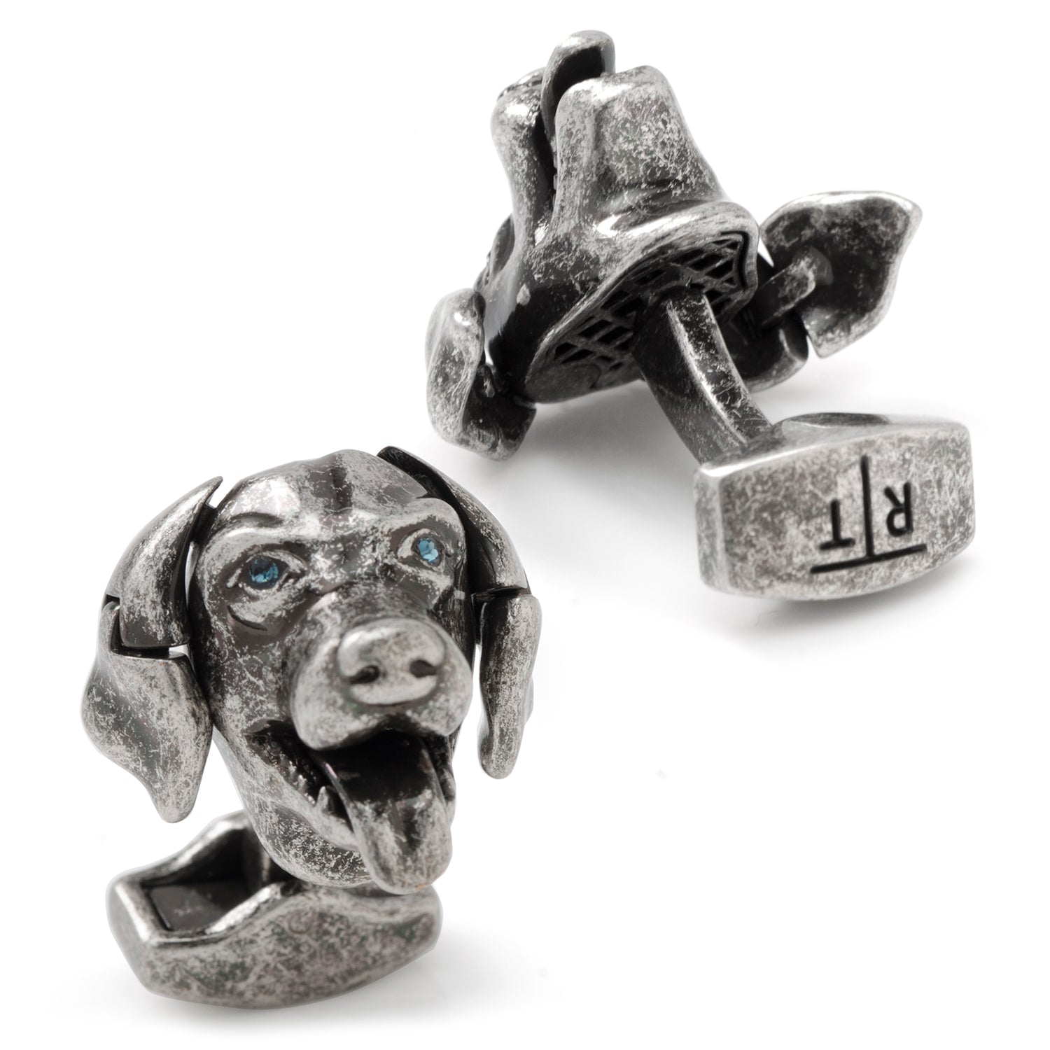 Silver dog-shaped cufflinks on a white background