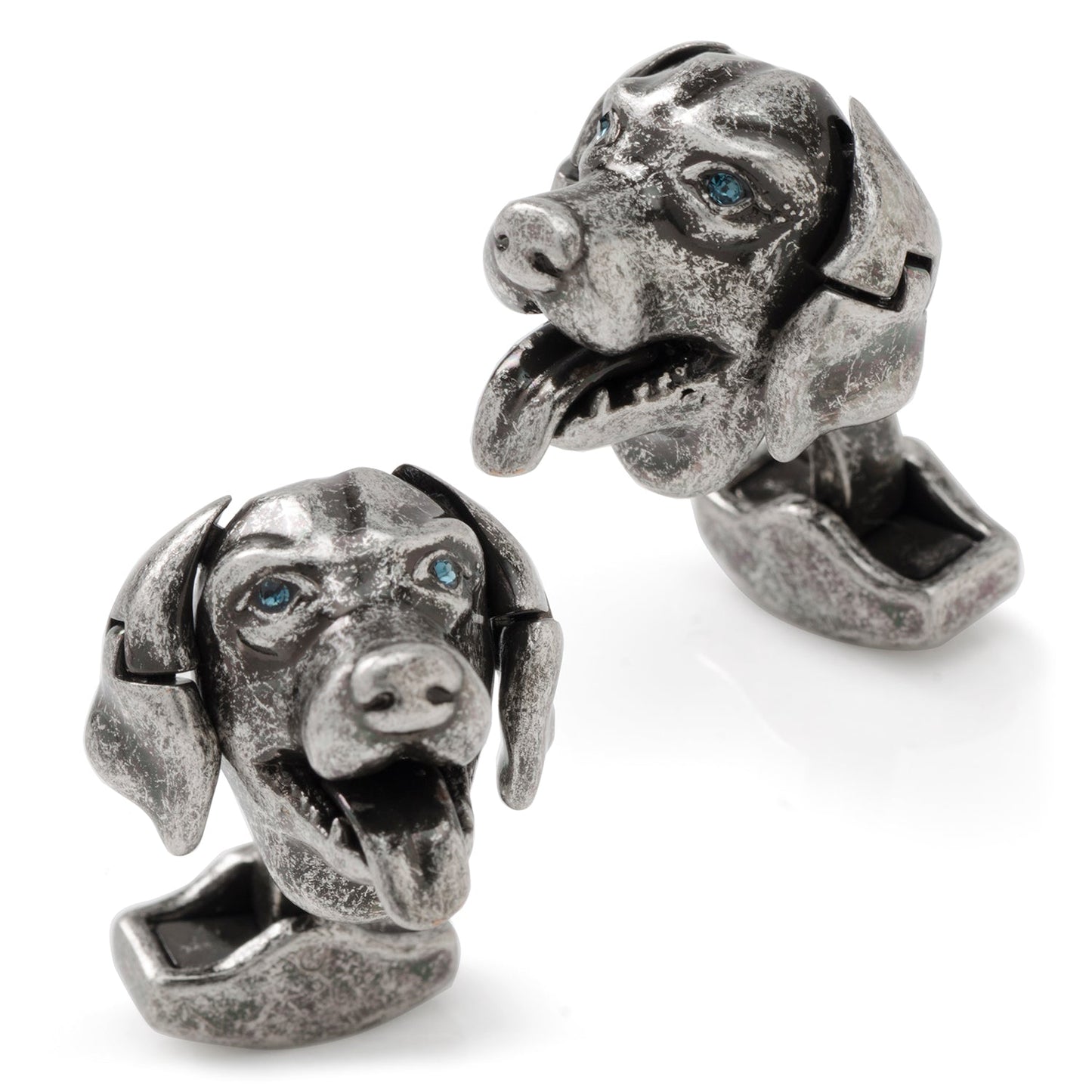 Pair of silver dog head cufflinks on a white background