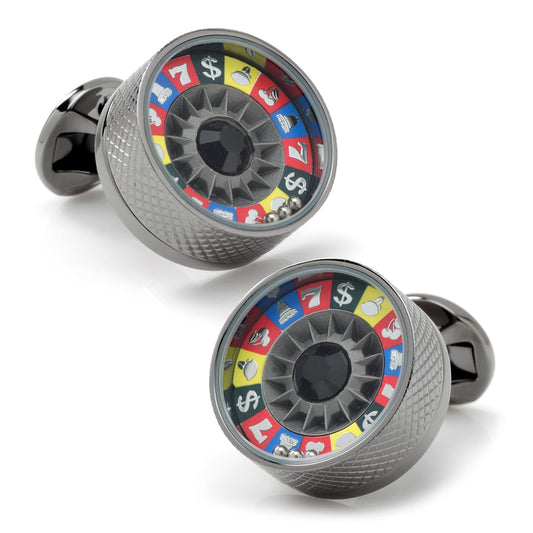 Cufflinks with a roulette wheel design on a white background