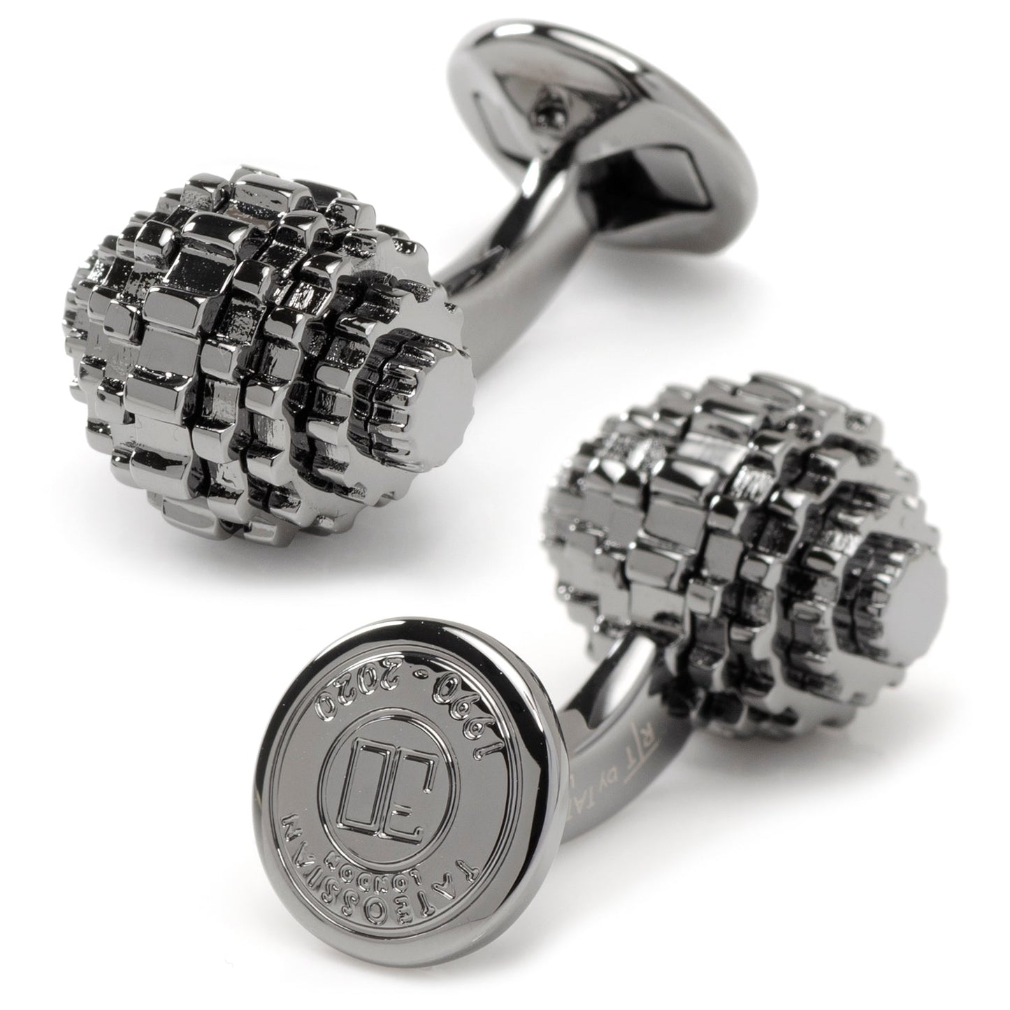Silver cufflinks with textured design and brand logo on a white background