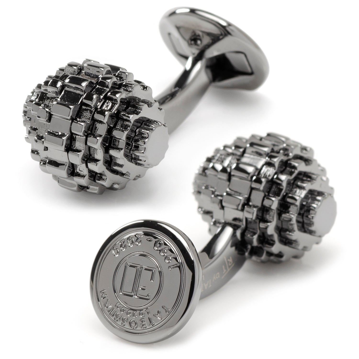 Silver cufflinks with textured design and brand logo on a white background