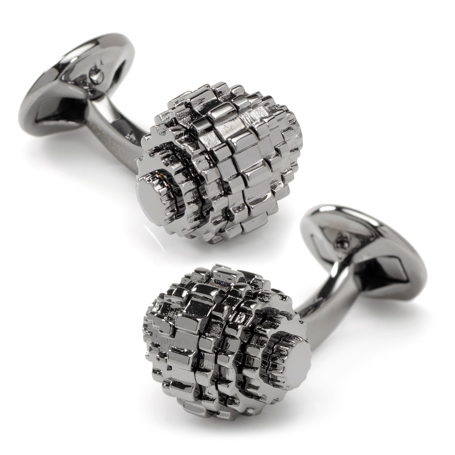 Pair of silver cufflinks with a textured design on a white background