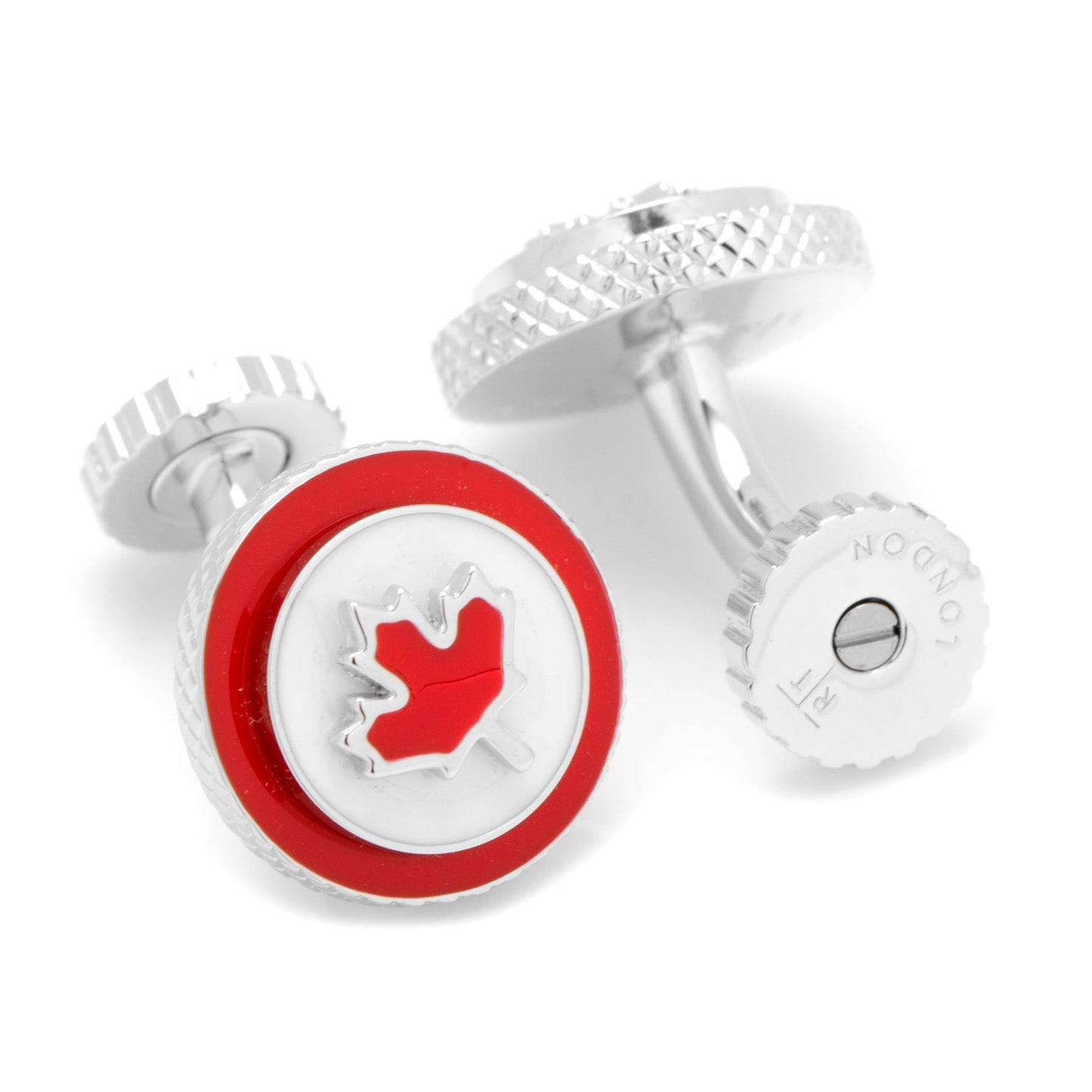Silver cufflinks with a red circular design featuring a bird on a white background