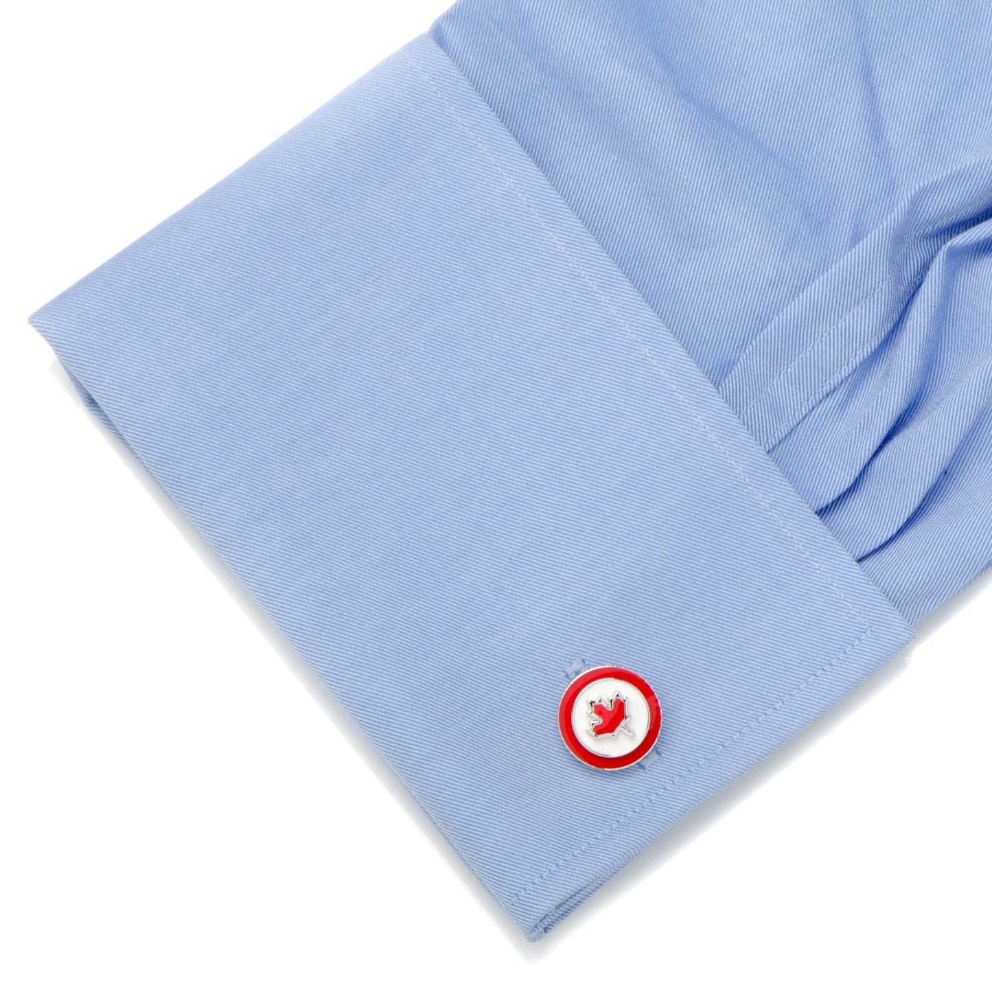 Light blue fabric with a red and white logo on a white background