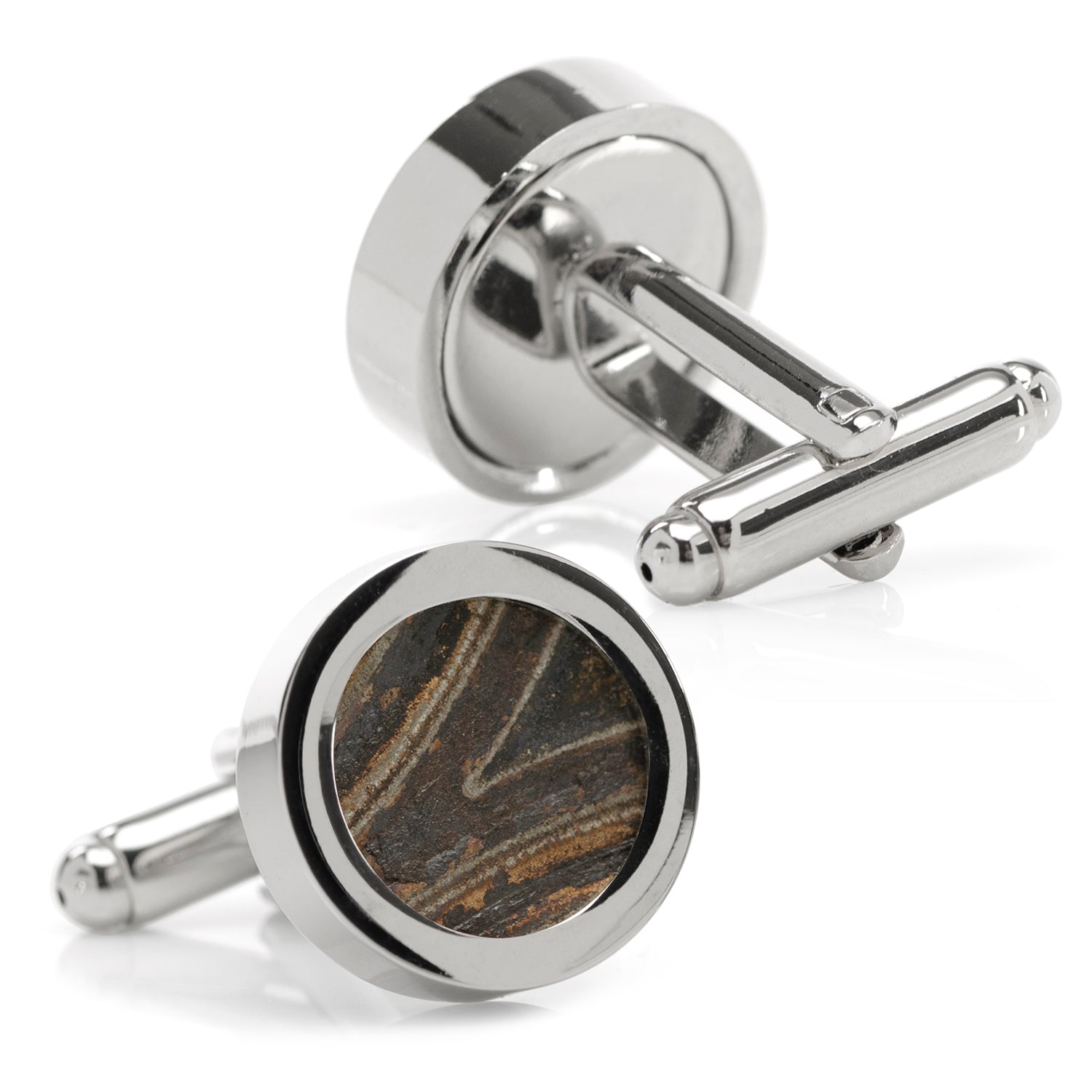 Cufflinks with wooden center and silver metal on a white background