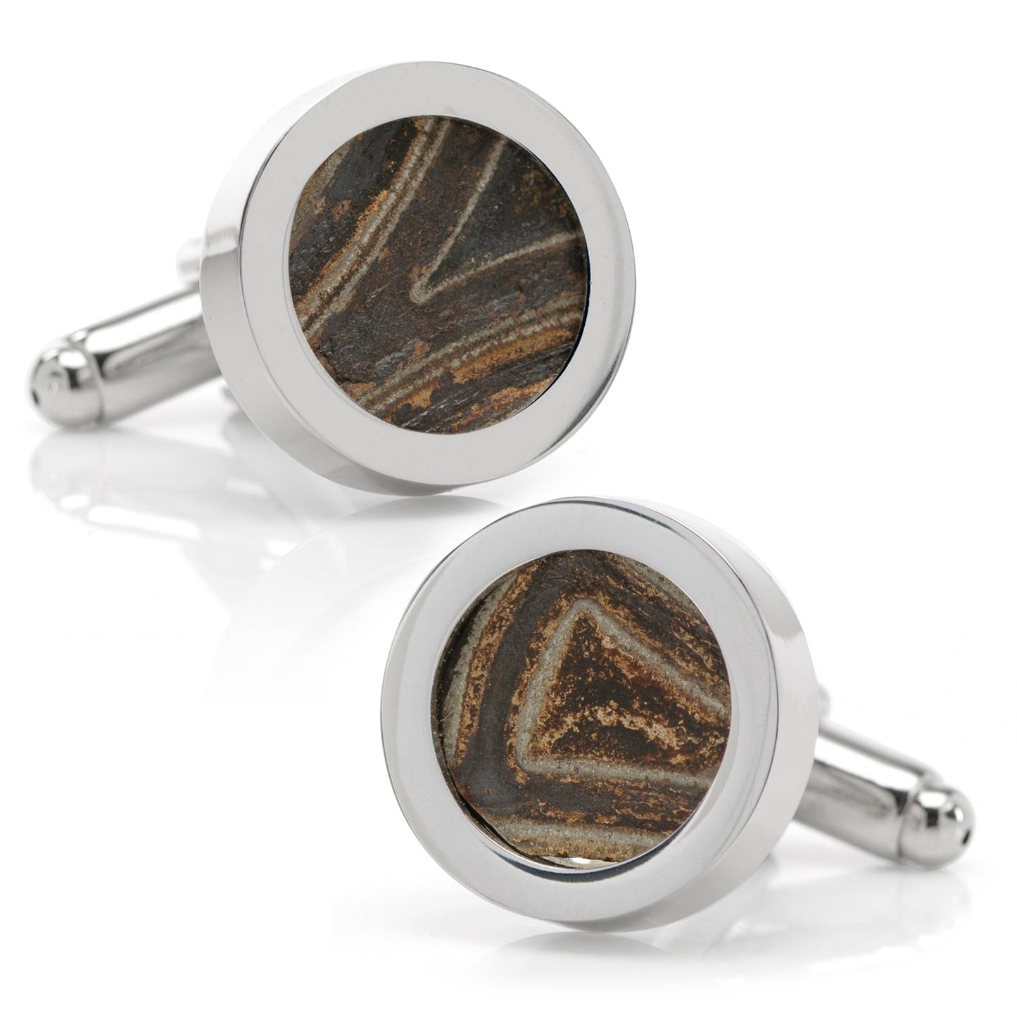 Cufflinks with brown stone design and silver metal on a white background