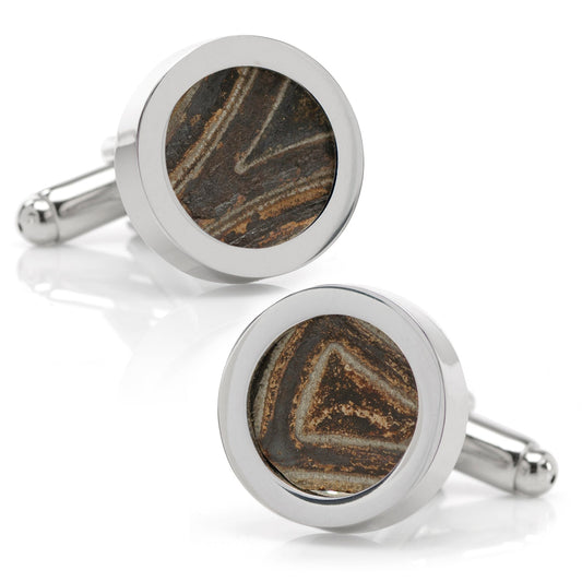 Cufflinks with brown stone design and silver metal on a white background