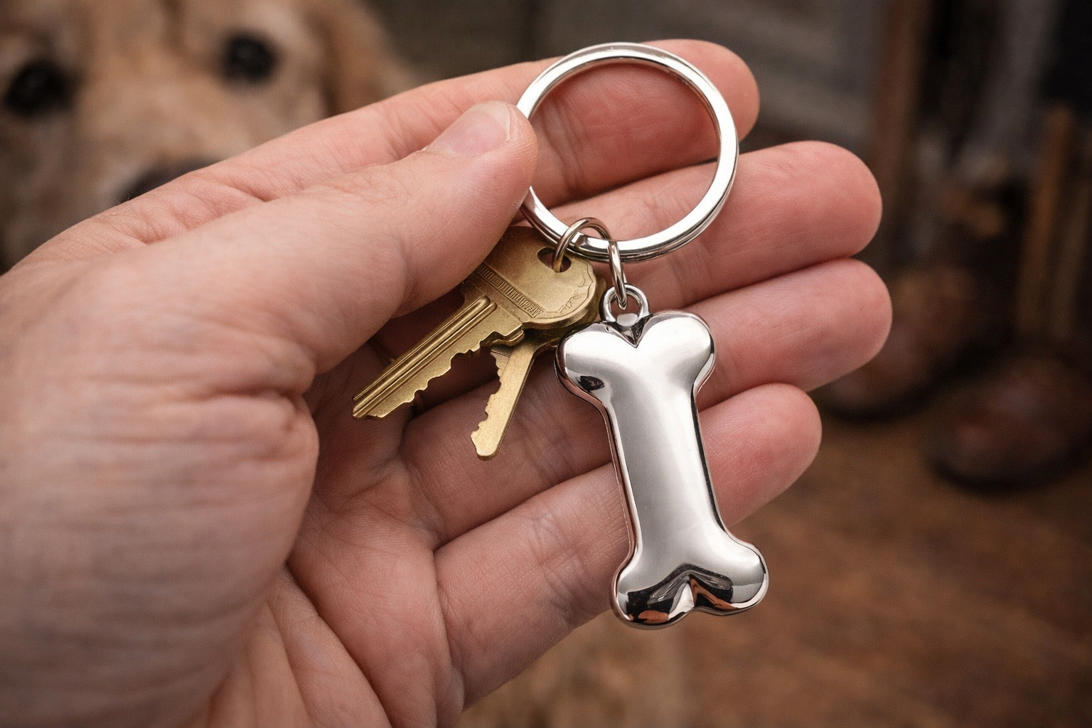 Hand holding keys with a silver dog bone keychain and a blurred dog in the background