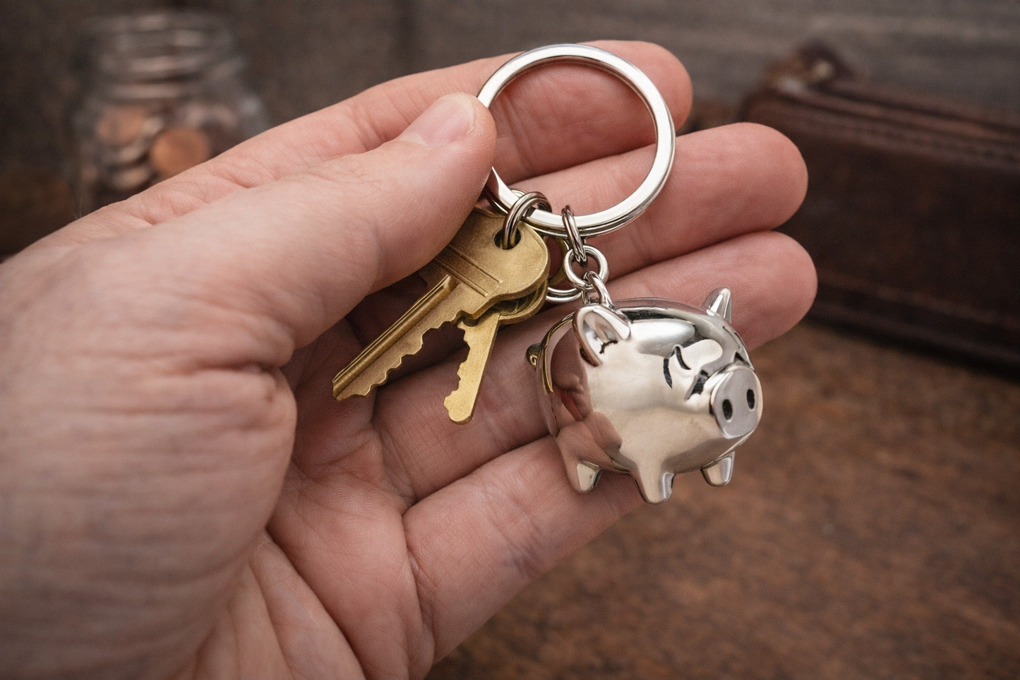 Hand holding a keychain with a piggy bank charm and a gold key.
