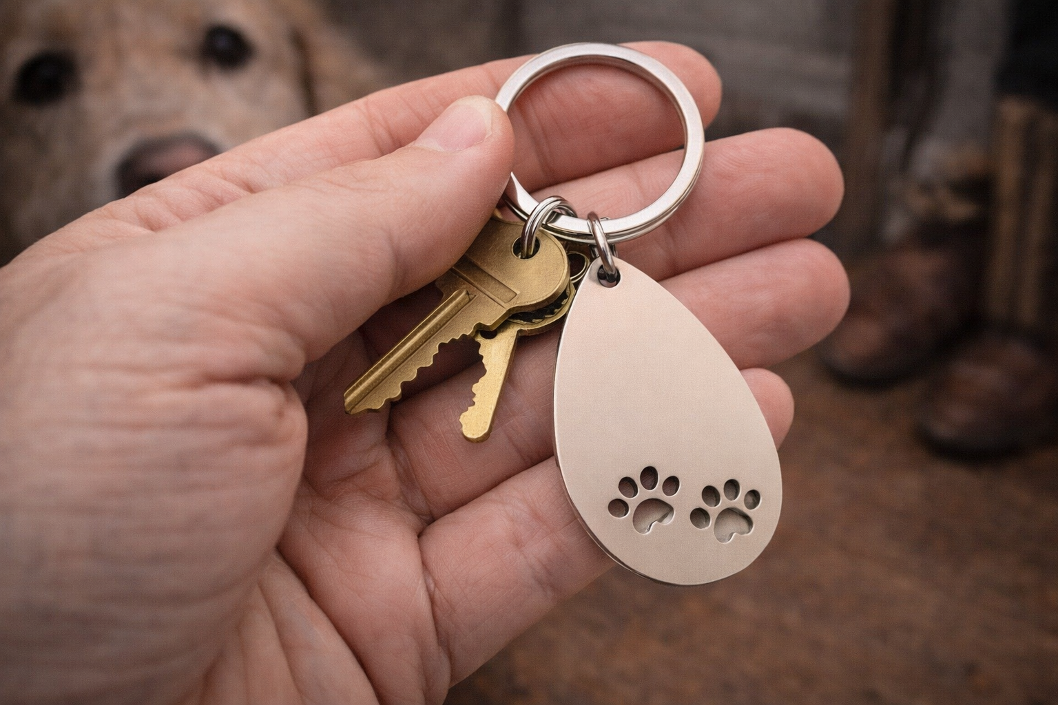Silver paw print keychain attached to keys lifestyle photo