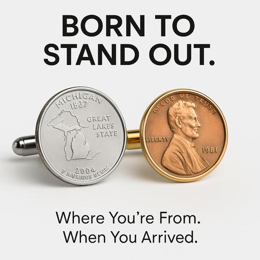 Cufflinks with Michigan state quarter and Lincoln penny on a white background with text.